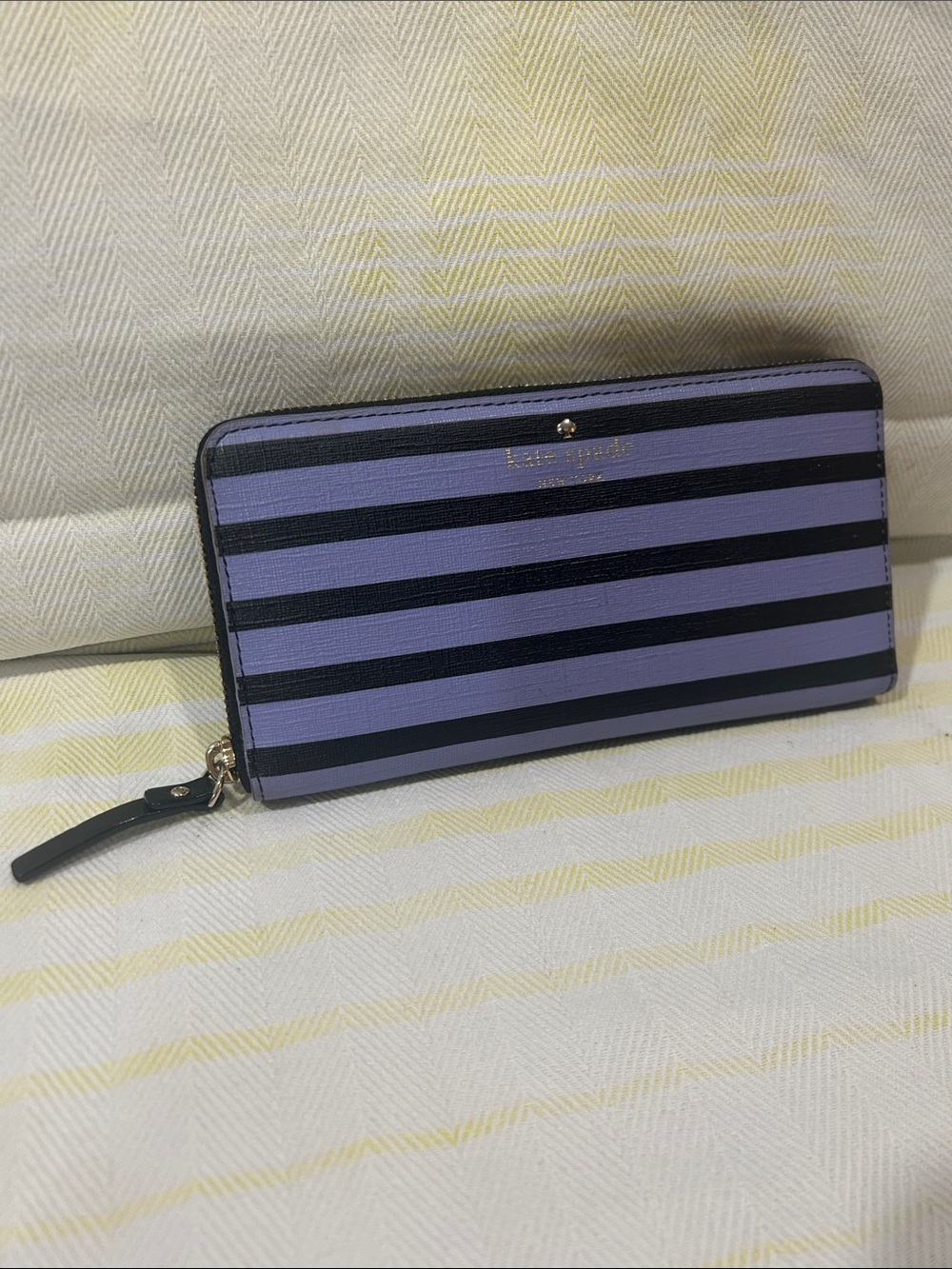 Kate Spade New York Lavender and Black Striped Zip-Around Wallet EUC